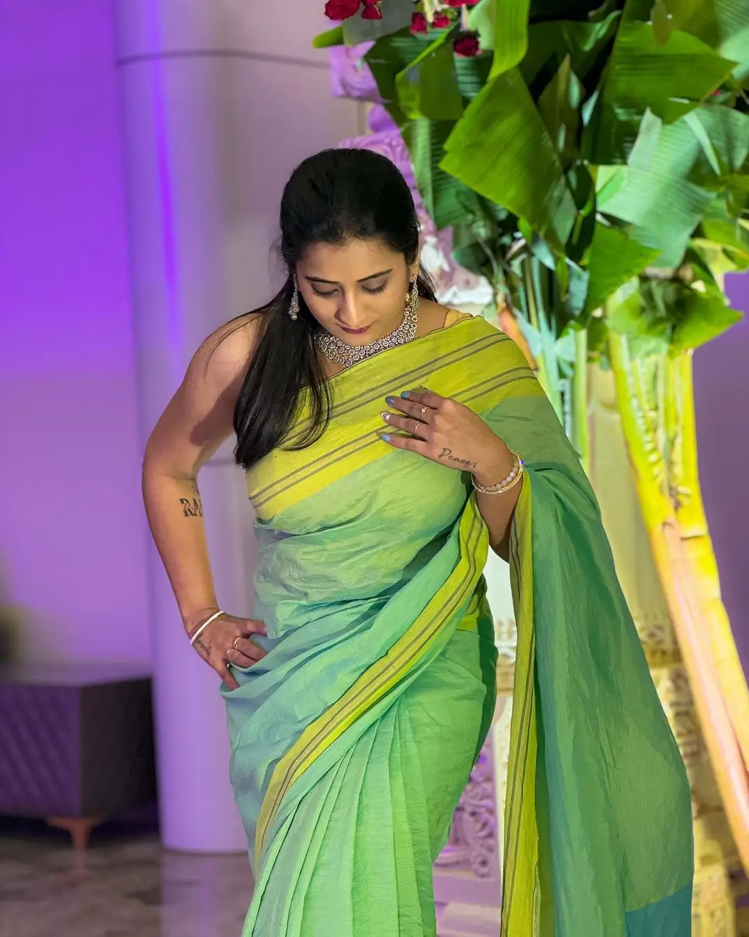 Telugu Actress Viraajita in Beautiful Green Saree Sleeveless Blouse